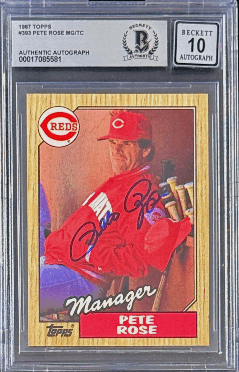 Pete Rose Signed 1987 Topps Card #393 Beckett Auto 10 17085581 Cincinnati Reds