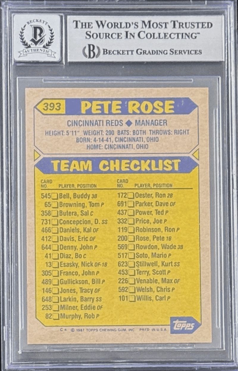Pete Rose Signed 1987 Topps Card #393 Beckett Auto 10 17085581 Cincinnati Reds - Image 2