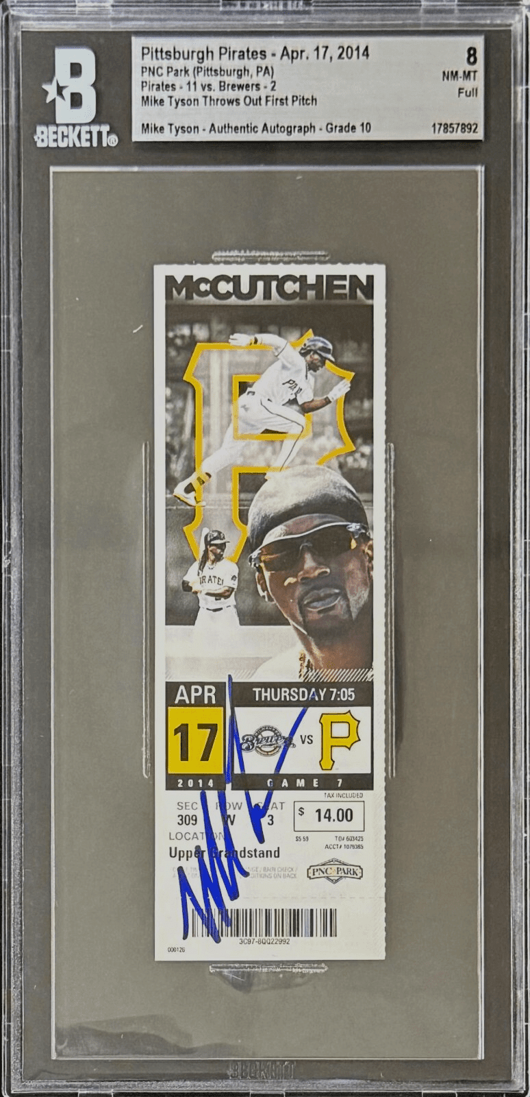 Mike Tyson Signed First Pitch Pirates Game Full Ticket Beckett 8 NM-MT 17857892