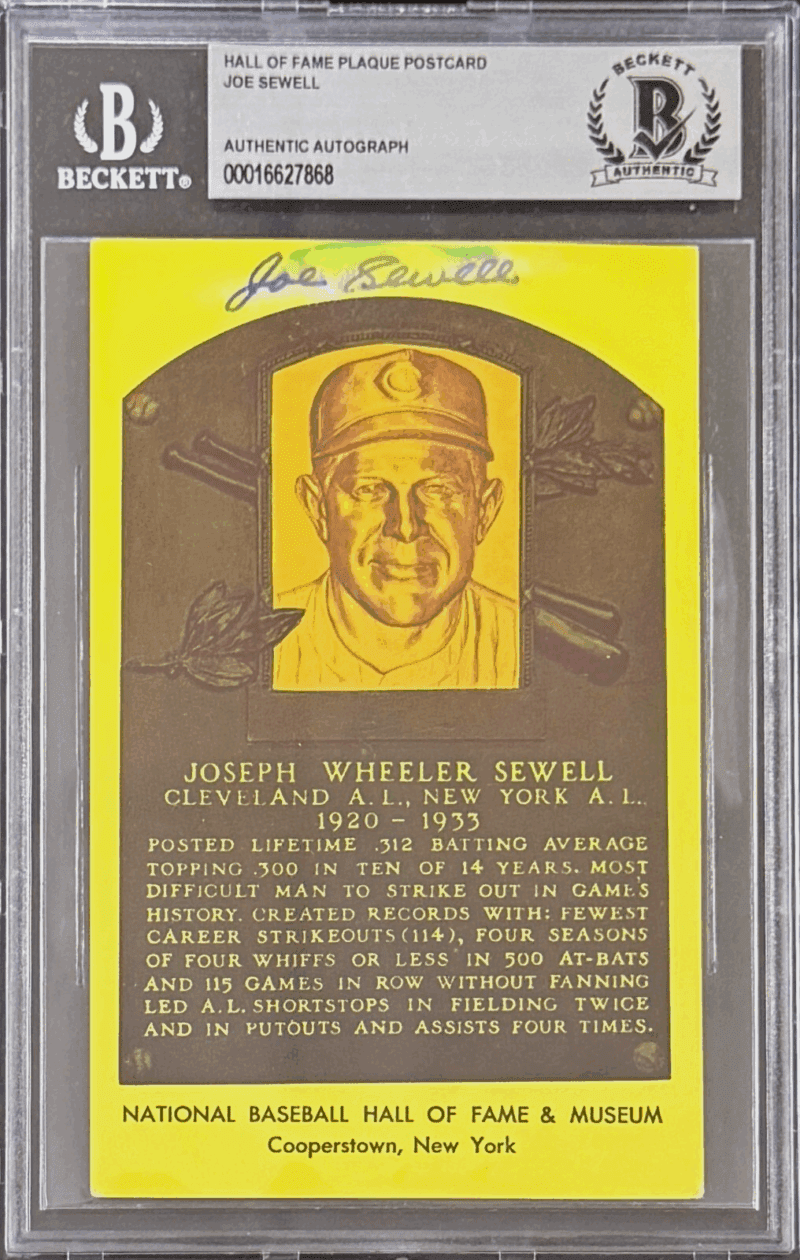 Joe Sewell Signed Autographed Hall of Fame Plaque Postcard Beckett 16627868