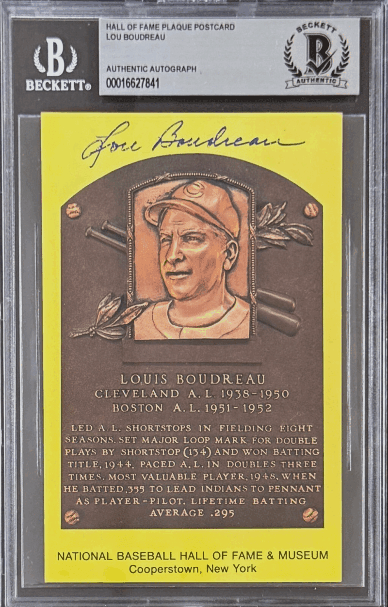 Lou Boudreau Signed Autographed Hall of Fame Plaque Postcard Beckett 16627841