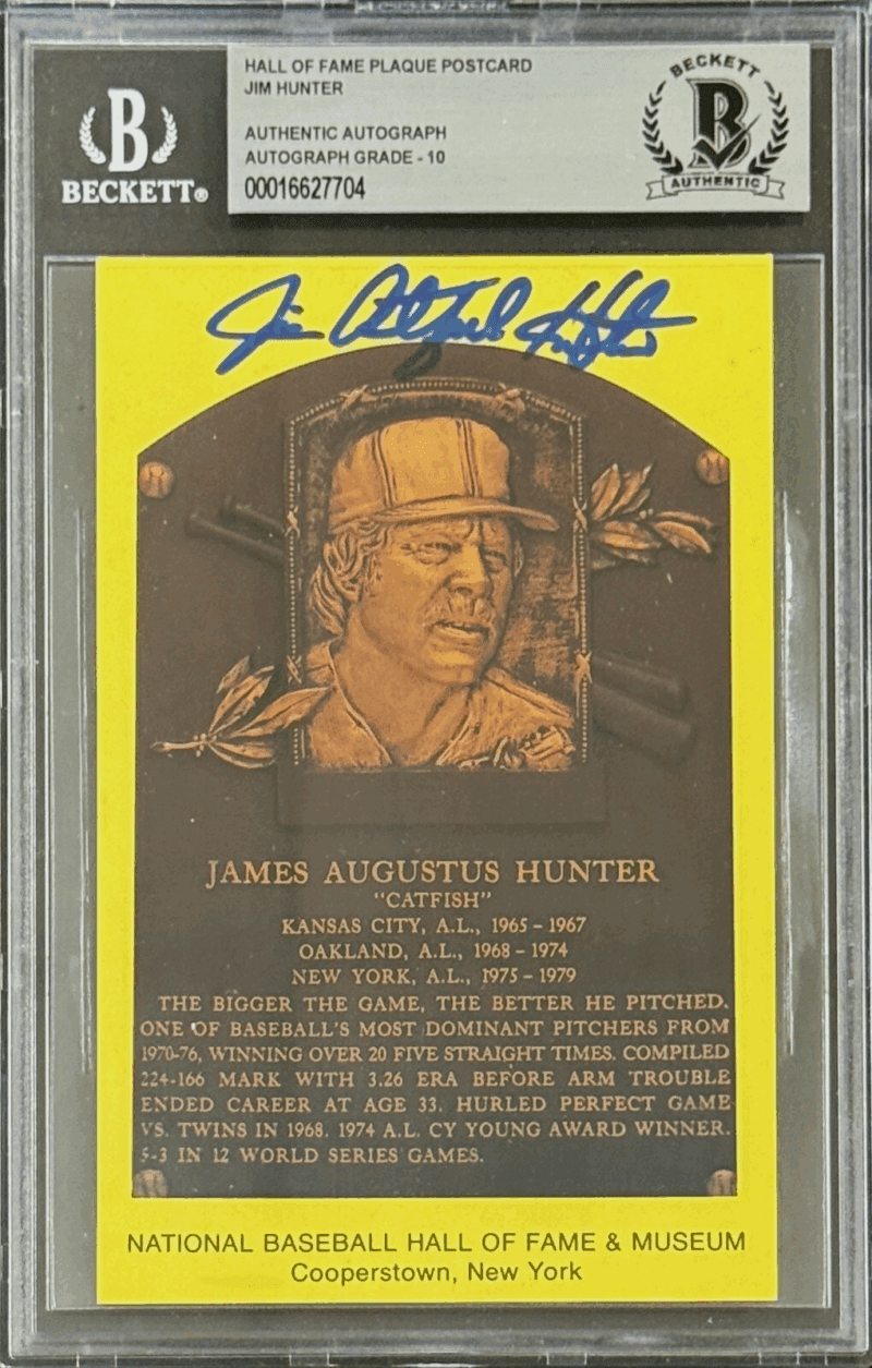 Jim "Catfish" Hunter Signed Hall of Fame Plaque Postcard Beckett 16627704