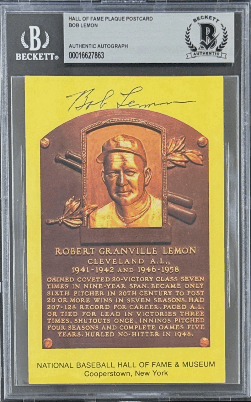 Bob Lemon Signed Autographed Hall of Fame Plaque Postcard Beckett 16627863