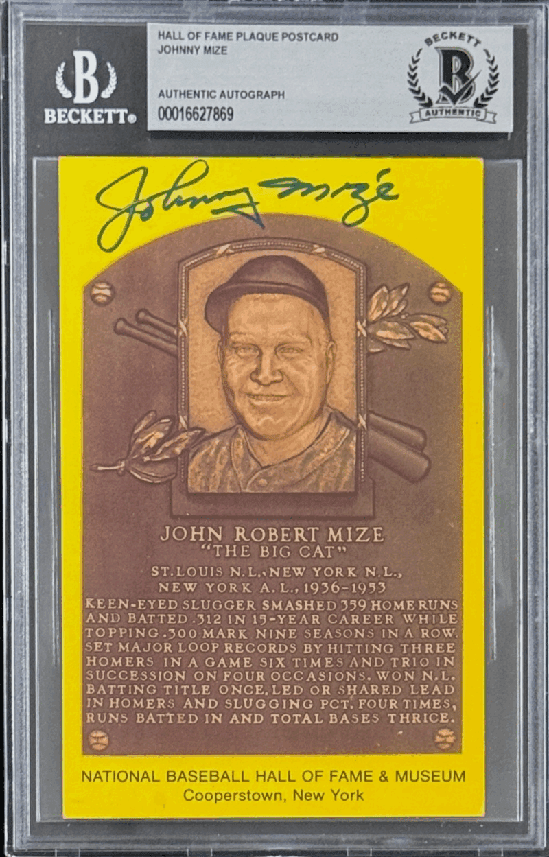 Johnny Mize Signed Autographed Hall of Fame Plaque Postcard Beckett 16627869