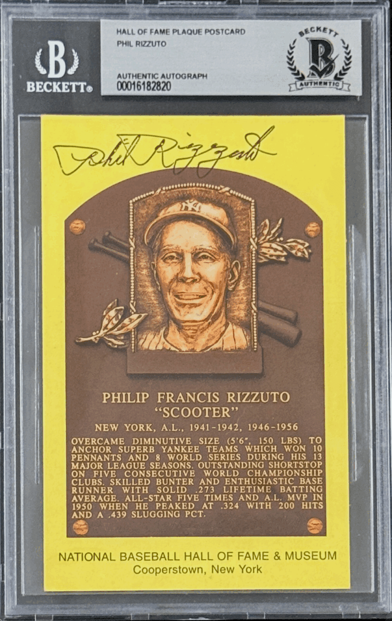 Phil Rizzuto Signed Autographed Hall of Fame Plaque Postcard Beckett 16182820