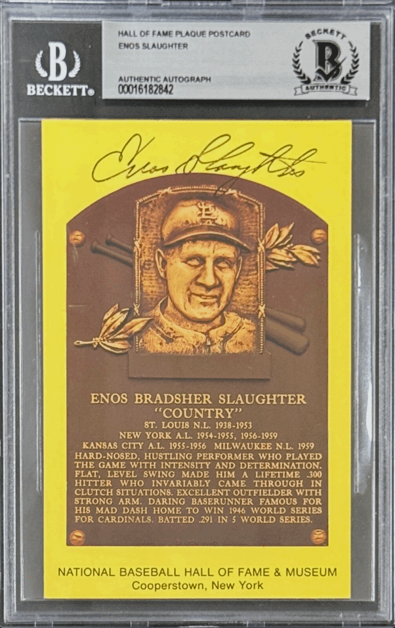 Enos Slaughter Signed Autographed Hall of Fame Plaque Postcard Beckett 16182842