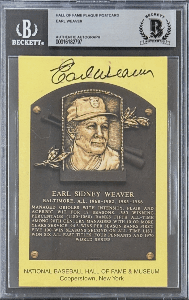 Earl Weaver Signed Autographed Hall of Fame Plaque Postcard Beckett 16182794