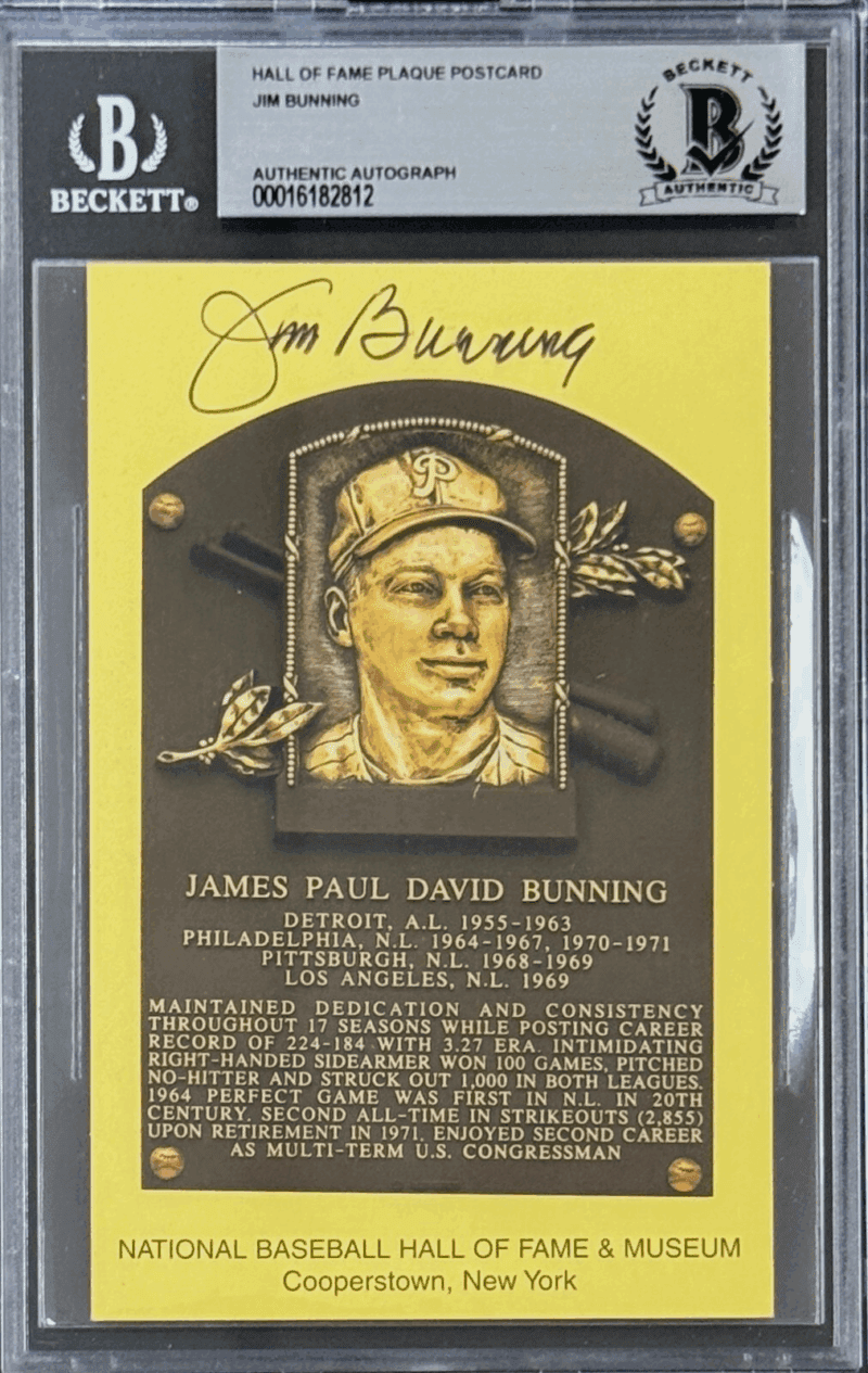 Jim Bunning Signed Autographed Hall of Fame Plaque Postcard Beckett 16182812