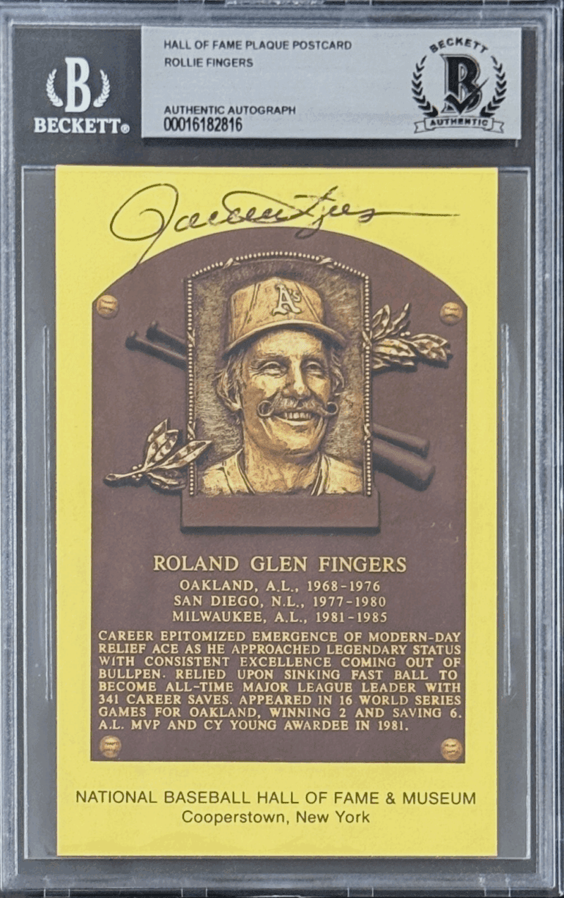 Rollie Fingers Signed Autographed Hall of Fame Plaque Postcard Beckett 16182816
