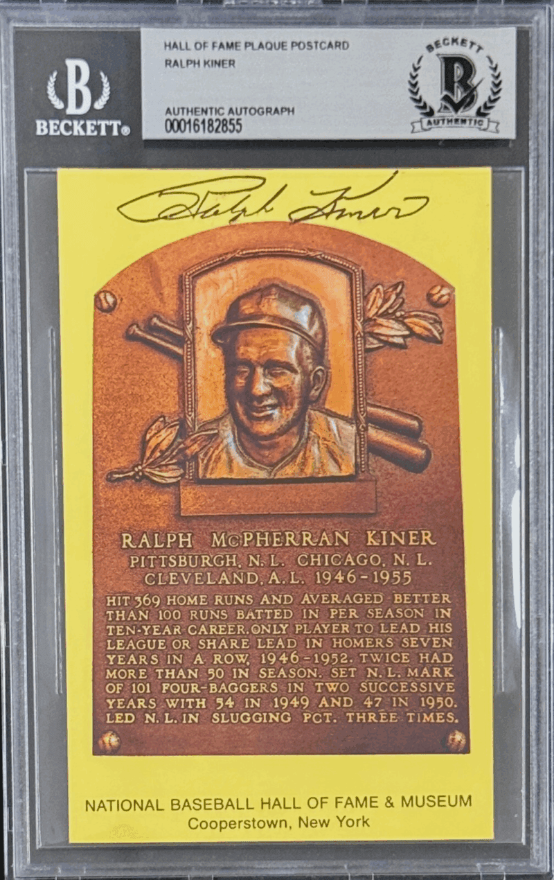 Ralph Kiner Signed Autographed Hall of Fame Plaque Postcard Beckett 16182855