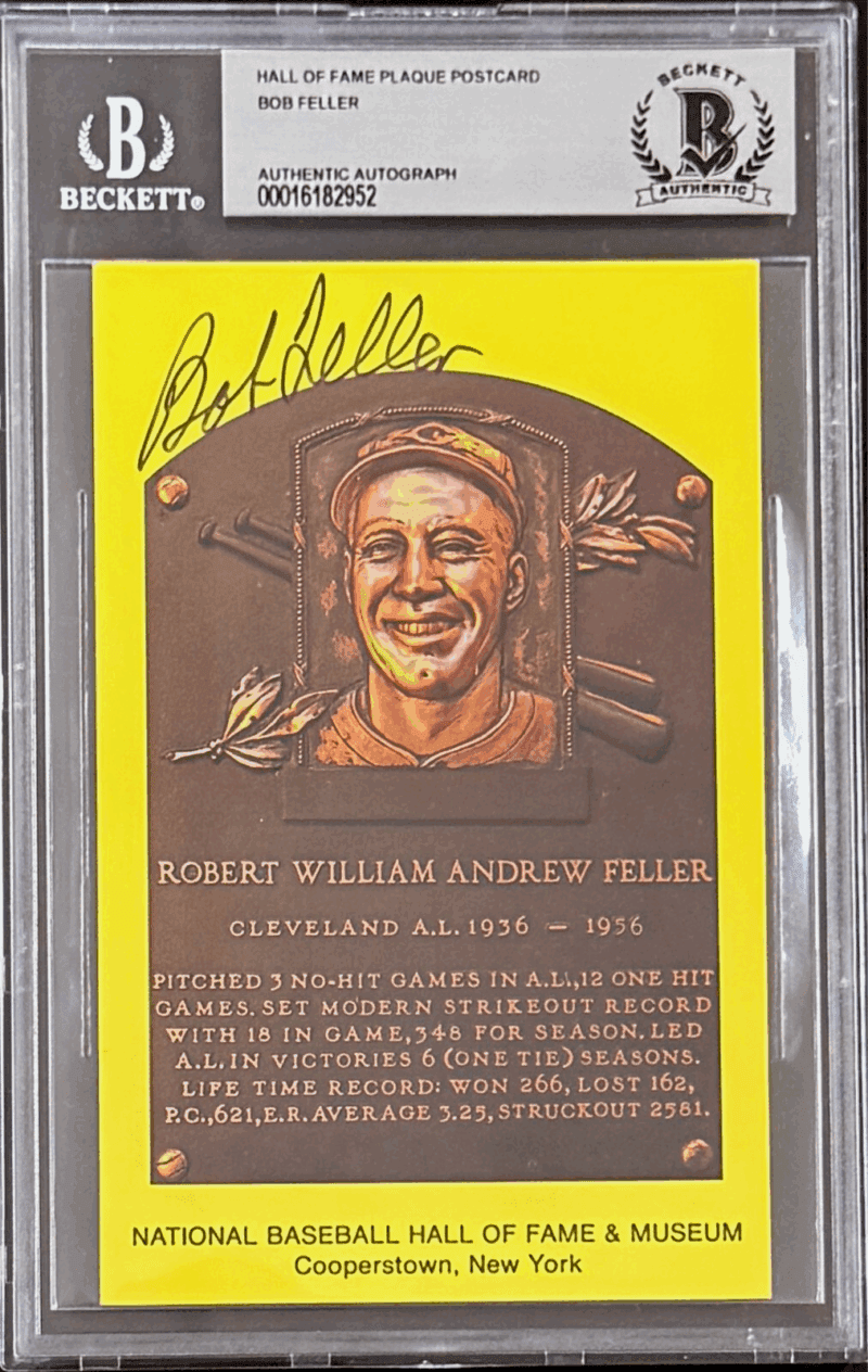 Bob Feller Signed Autographed Hall of Fame Plaque Postcard Beckett 16182952