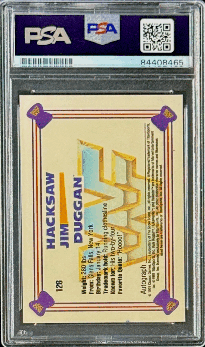 Hacksaw Jim Duggan Signed Autograph 1991 WWF Classic Card #126 PSA 84408465 - Image 2