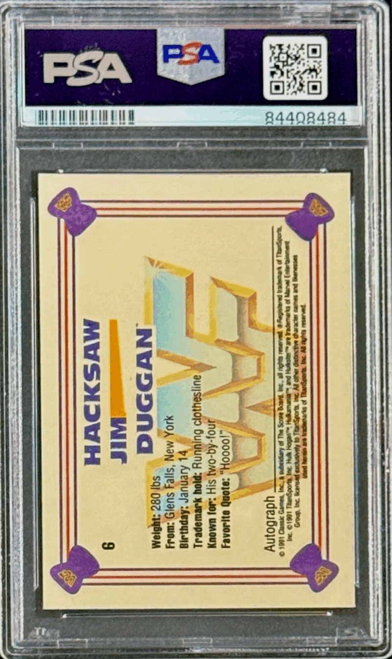 Hacksaw Jim Duggan Signed Autograph 1991 WWF Classic Card #6 PSA 84408484 - Image 2