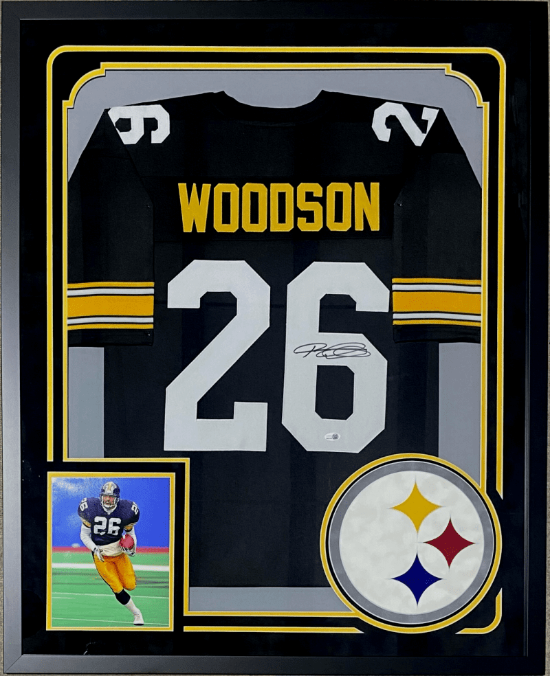 Rod Woodson Signed Autographed Framed Black/Yellow Jersey JSA Suede Cut Logo