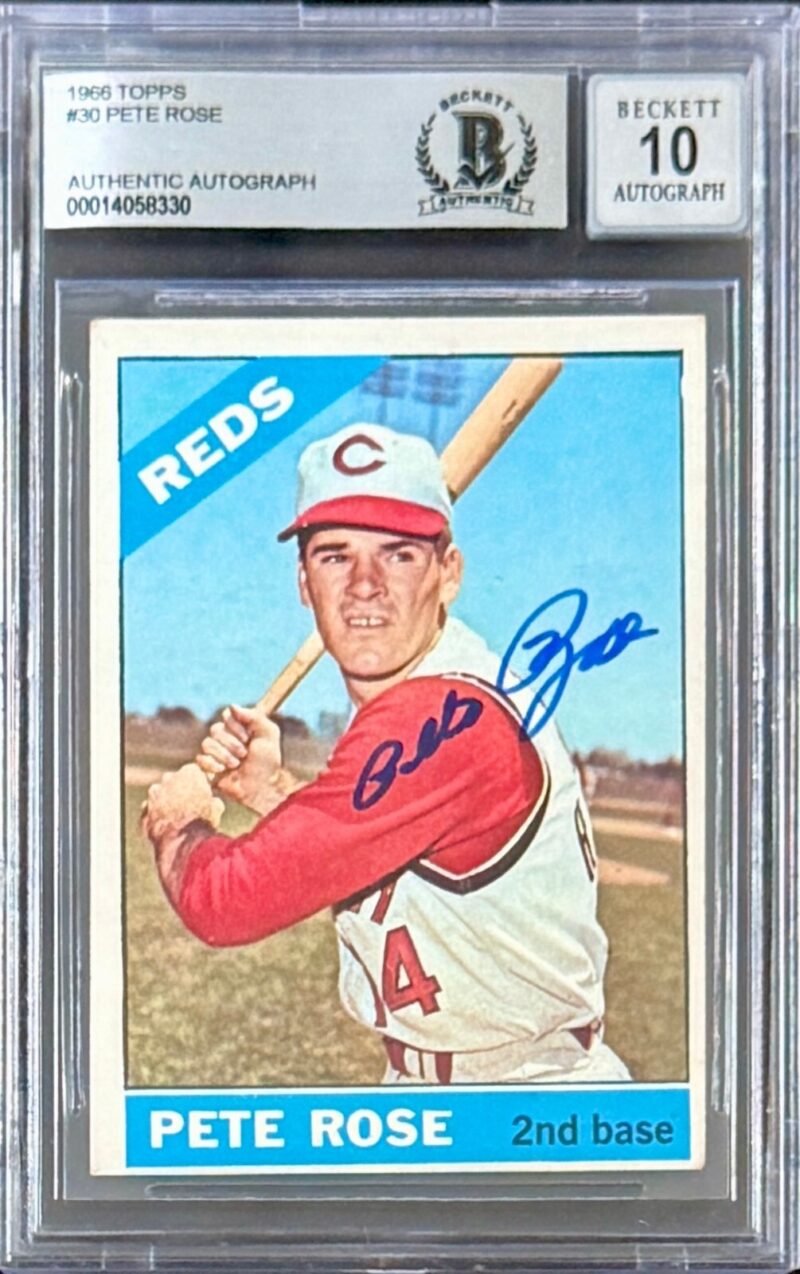 Pete Rose Signed 1966 Topps Card #30 Beckett BAS 10 Auto 14058330 Reds