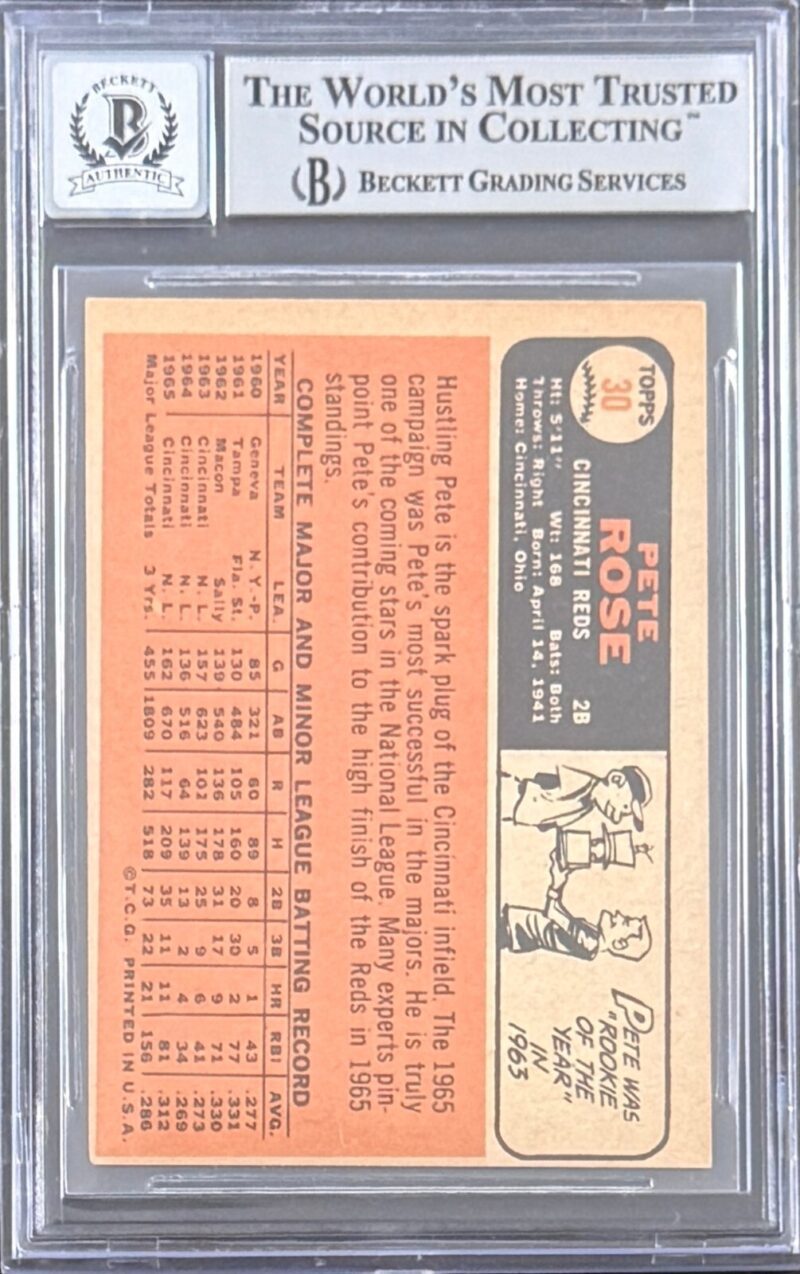 Pete Rose Signed 1966 Topps Card #30 Beckett BAS 10 Auto 14058330 Reds - Image 2