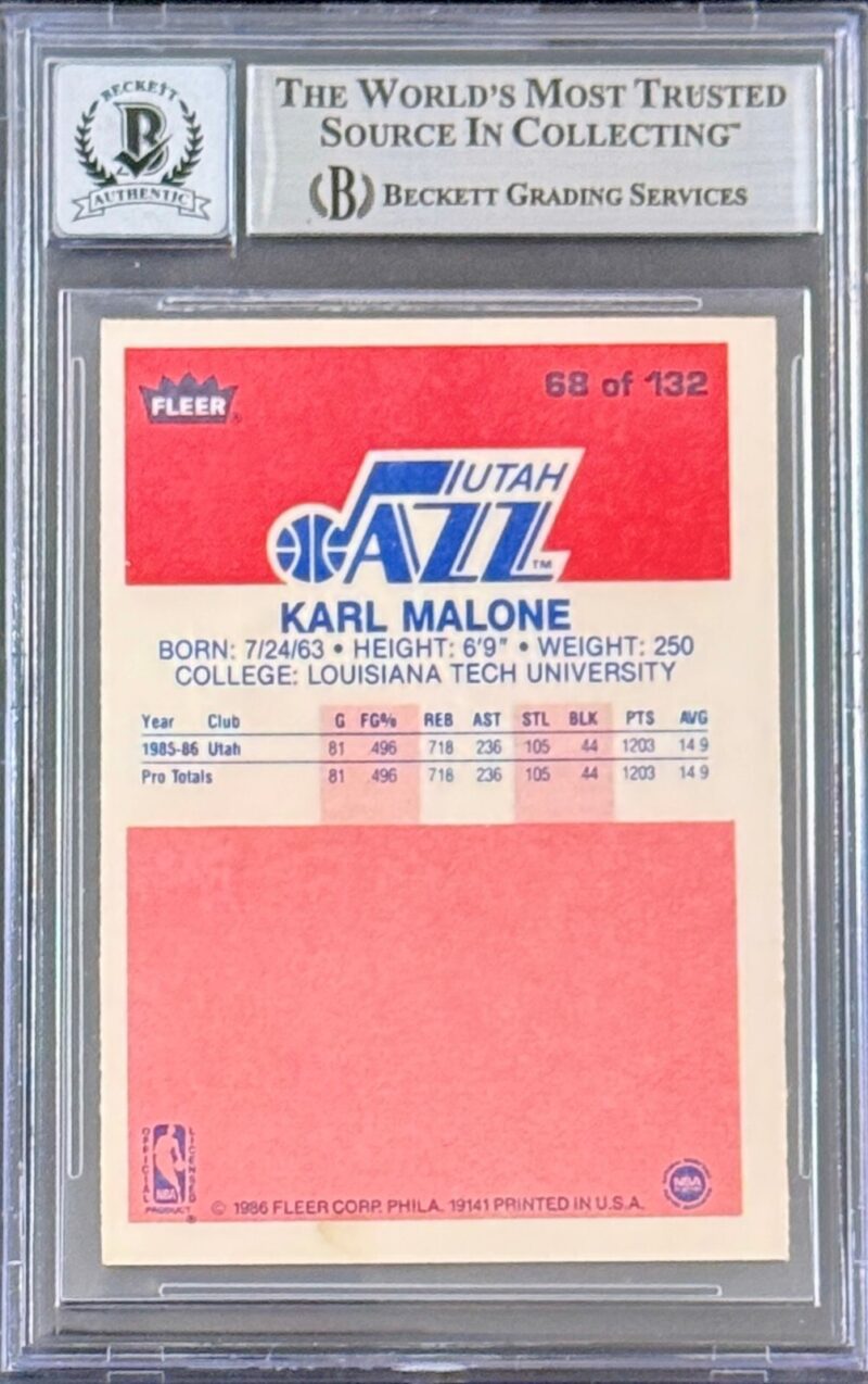 Karl Malone Signed 1986-87 Fleer Card #68 Beckett Auto 10 17718498 Mailman - Image 2