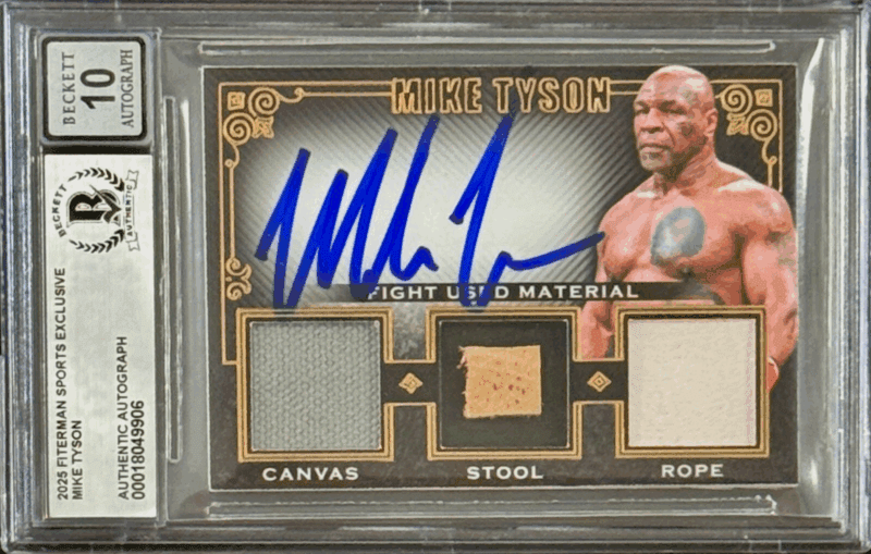 MIKE TYSON Triple Relic Card vs Jake Paul Fight Canvas Stool Rope BAS 18049906