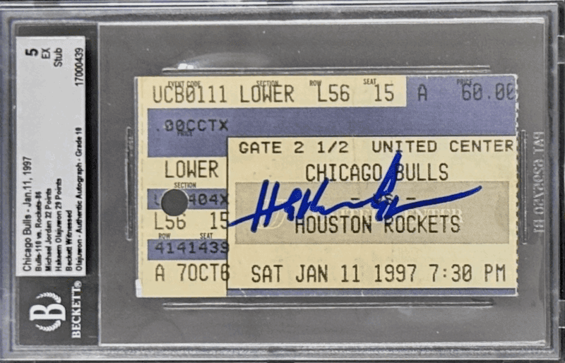 Hakeem Olajuwon Signed Jan. 11, 1997 Bulls vs Rockets Ticket Stub Beckett Jordan