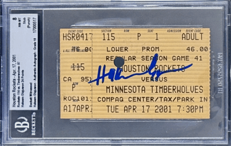 Hakeem Olajuwon Signed Apr. 17, 2001 Timberwolves vs Rockets Ticket Stub Beckett