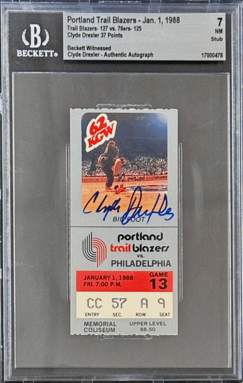 Clyde Drexler Signed Jan. 1, 1988 Trail Blazers vs 76ers Ticket Stub Beckett