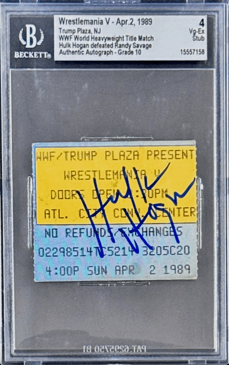 Hulk Hogan Signed WrestleMania V Ticket Stub Beckett 4 VG-EX Macho Man