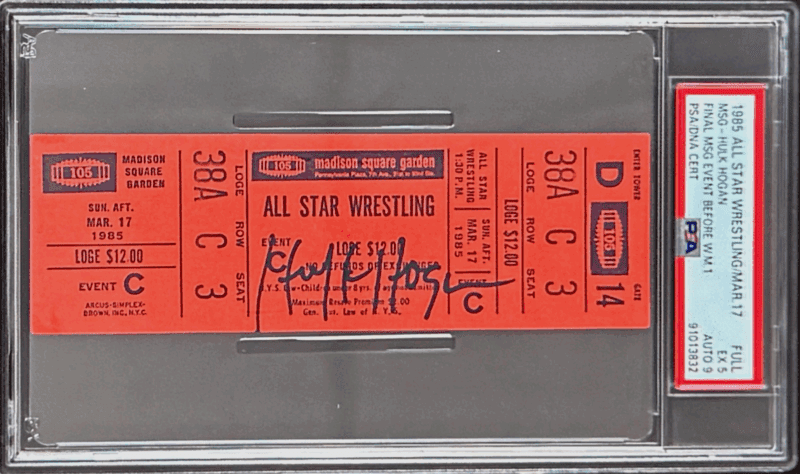 Hulk Hogan Signed WWF 1985 All Star Wrestling MSG Full Ticket PSA 5 EX Auto 9