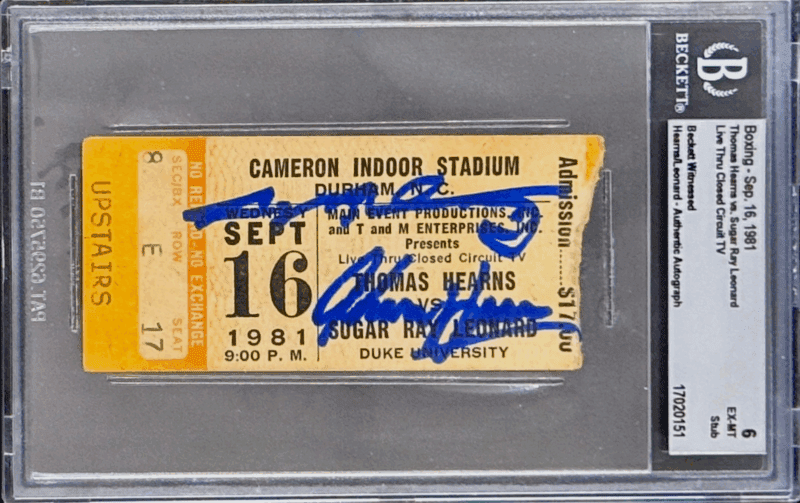 Thomas Hearns Sugar Ray Leonard Signed CCTV Ticket Leonard Wins WBA Title BAS