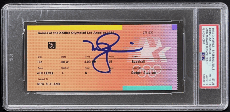 Mark McGwire 1984 Olympic Debut Signed July 31 1984 Ticket Stub PSA 90703716 USA