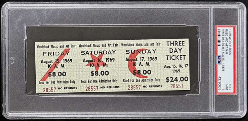 1969 Woodstock Festival 3 Day $8/$24 Ticket PSA Mint 9 Jimi Hendrix Janis Joplin