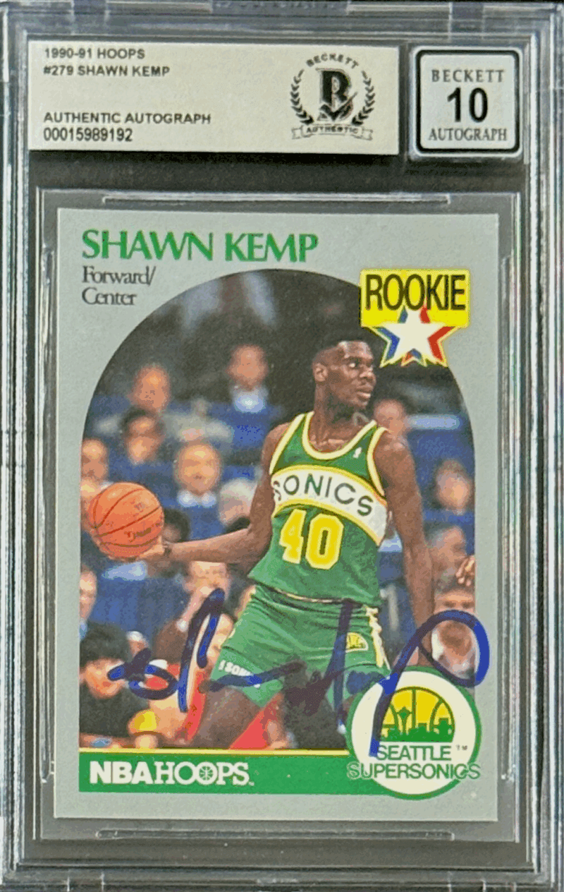 Shawn Kemp Signed 1990-91 NBA Hoops Rookie Card #279 Beckett 15989192 Auto 10