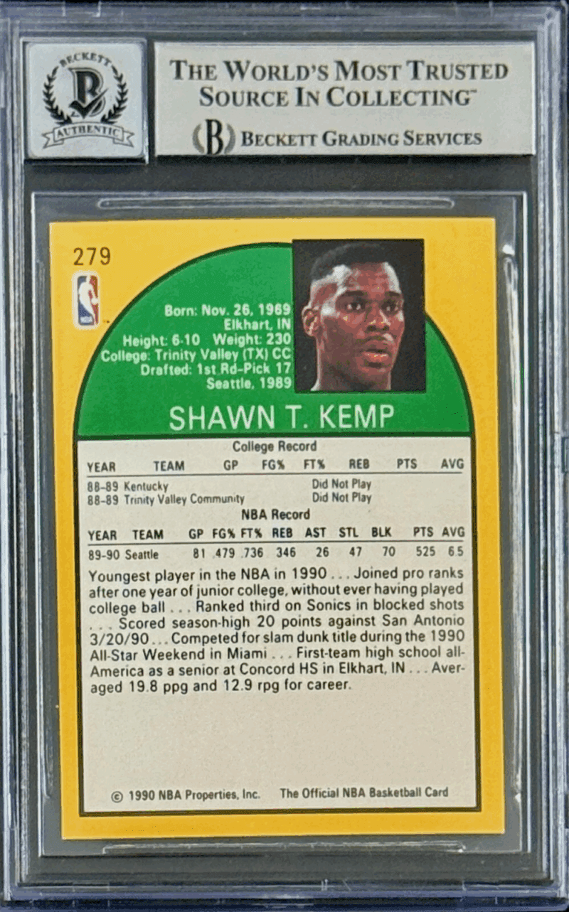 Shawn Kemp Signed 1990-91 NBA Hoops Rookie Card #279 Beckett 15989192 Auto 10 - Image 2