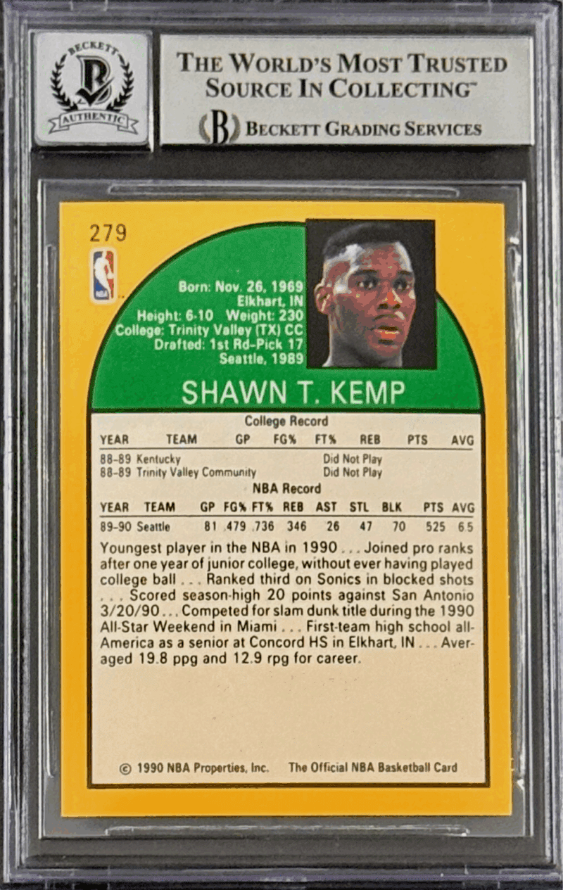 Shawn Kemp Signed 1990-91 NBA Hoops Rookie Card #279 Beckett 15989185 Auto 10 - Image 2