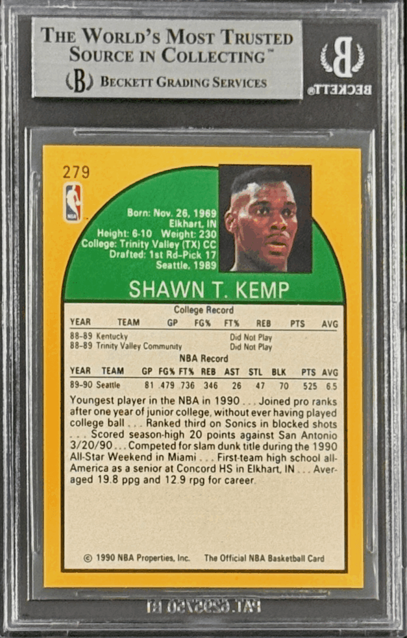 Shawn Kemp Signed 1990-91 NBA Hoops Rookie Card #279 Beckett 11596233 - Image 2