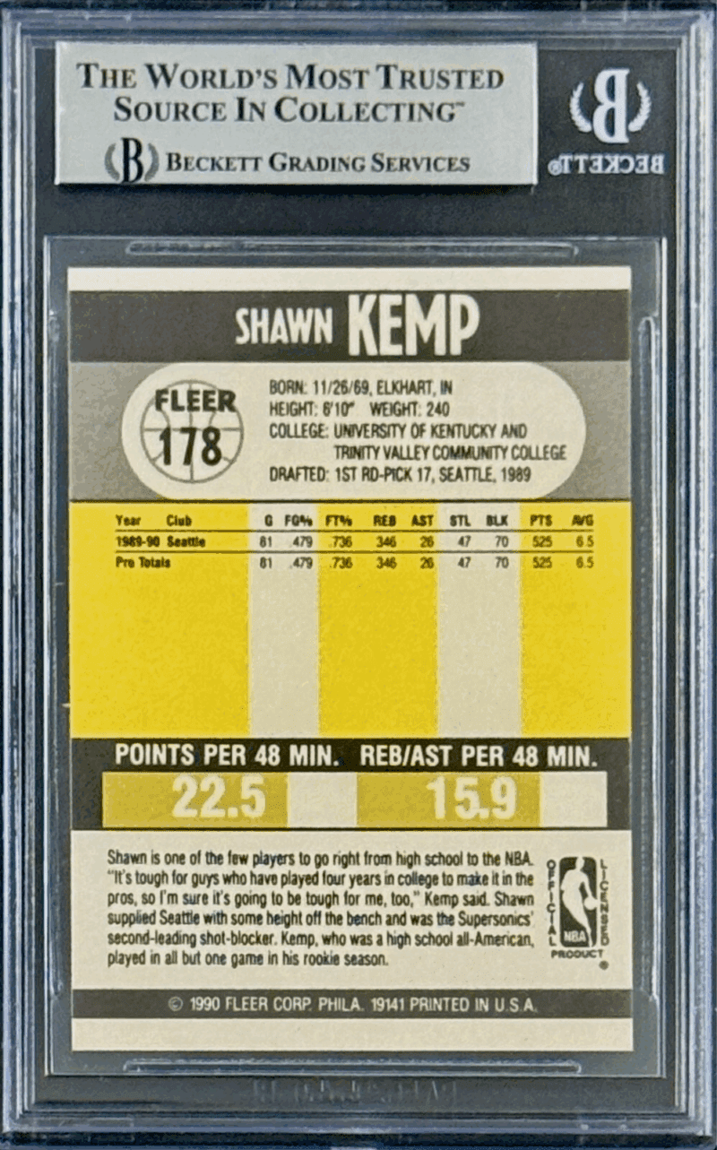 Shawn Kemp Signed 1990-91 Fleer Rookie Card #178 Beckett 15989423 - Image 2