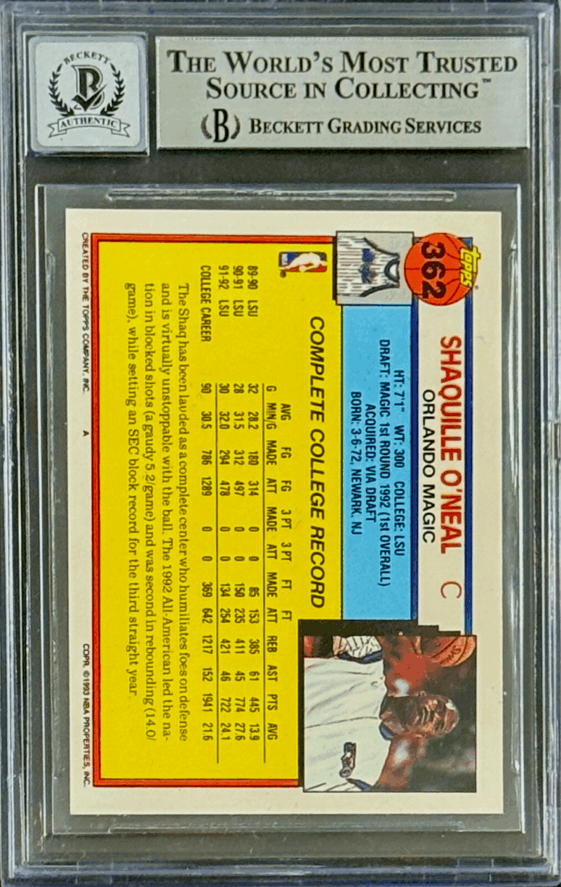 Shaquille O'Neal SHAQ Signed 1992-93 Topps Rookie Card #362 Beckett 14058121 - Image 2