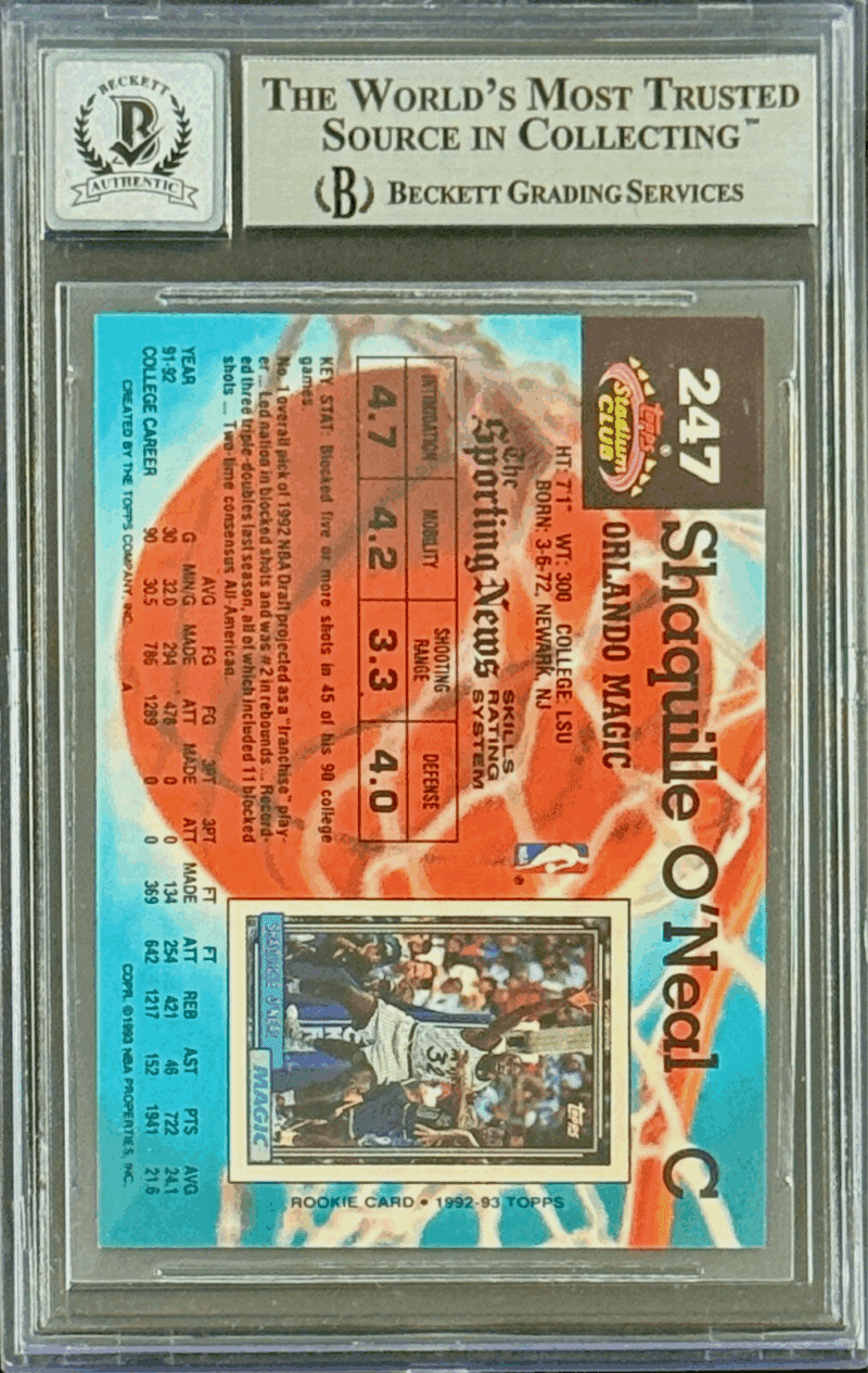 Shaquille O'Neal SHAQ Signed 1992-93 Stadium Club Rookie Card #247 BAS 14058248 - Image 2