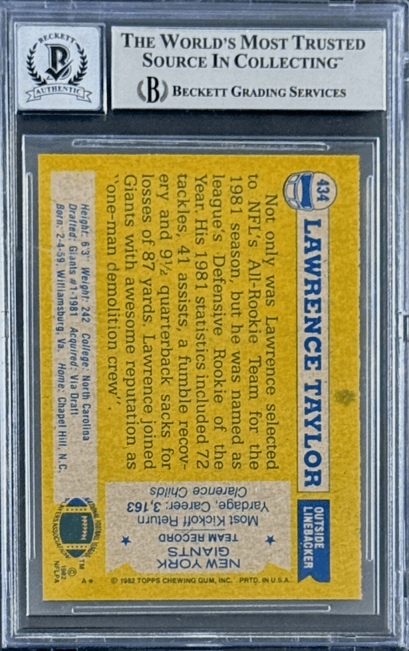 Lawrence Taylor Signed Autographed 1982 Topps Card #434 Beckett 16182574 Auto 10 - Image 2