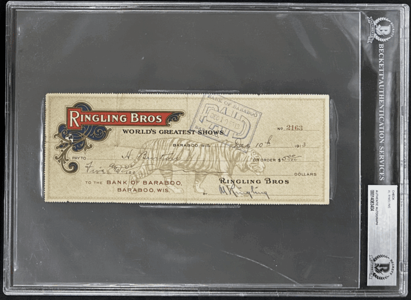 Al Ringling Signed Autographed 1913 Ringling Brothers Check Beckett 14083404