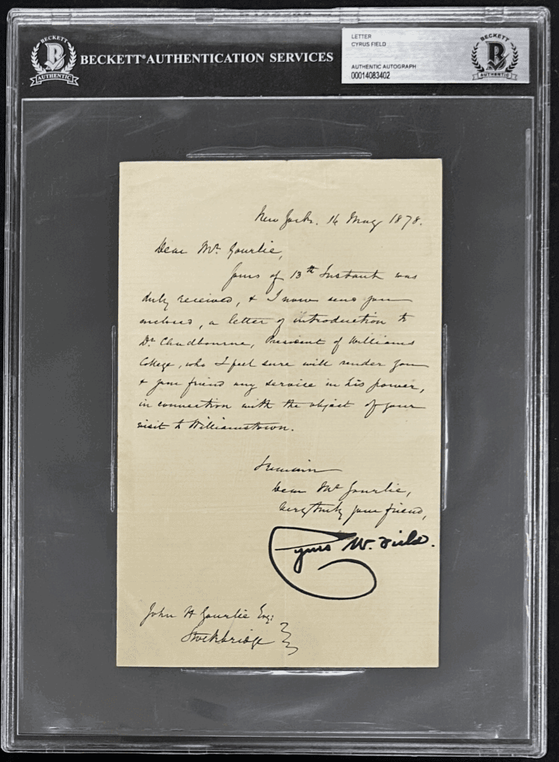 Cyrus Field Signed Letter Beckett 14083402 Inventor Atlantic Telegraph Cable