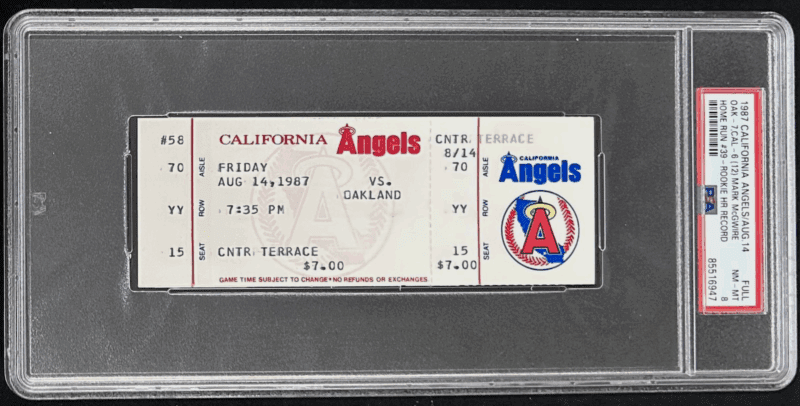 Mark McGwire 8/14/1987 Breaks HR Rookie Record 39th HR Full Ticket PSA 8 NM-MT