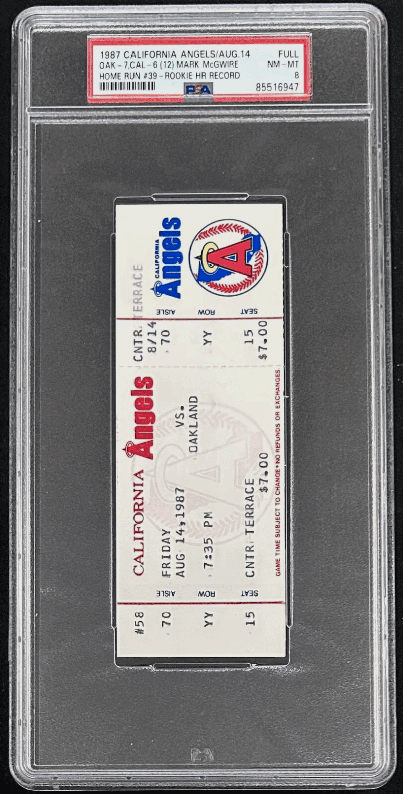 Mark McGwire 8/14/1987 Breaks HR Rookie Record 39th HR Full Ticket PSA 8 NM-MT - Image 2