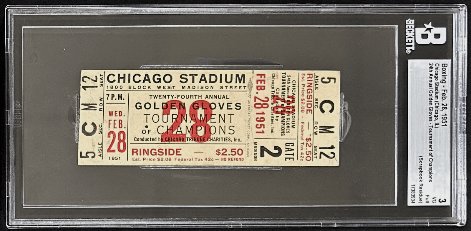 24th Annual Golden Gloves Tournament of Champs 2/28/51 Full Ticket Beckett 3 VG