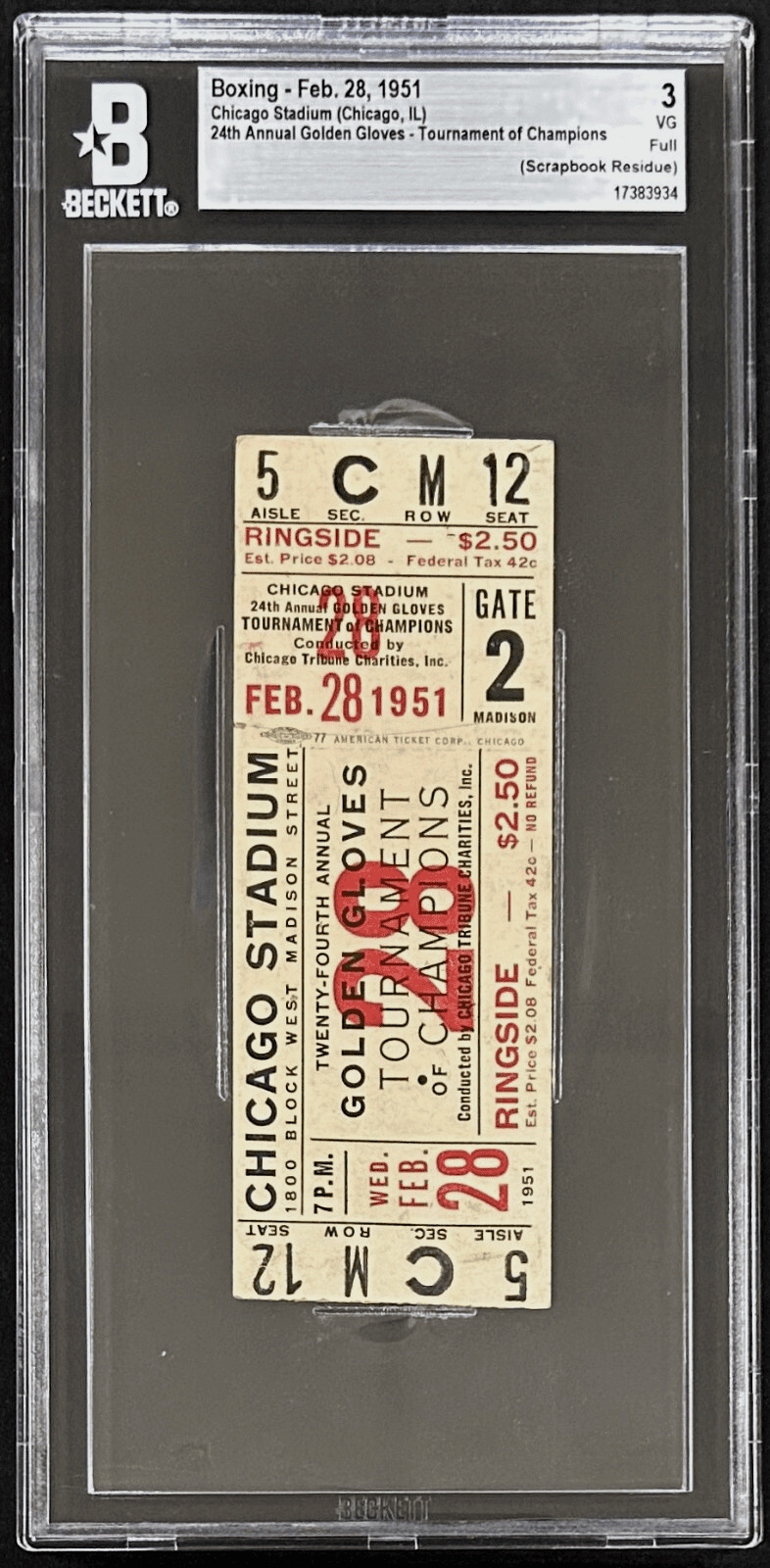24th Annual Golden Gloves Tournament of Champs 2/28/51 Full Ticket Beckett 3 VG - Image 2