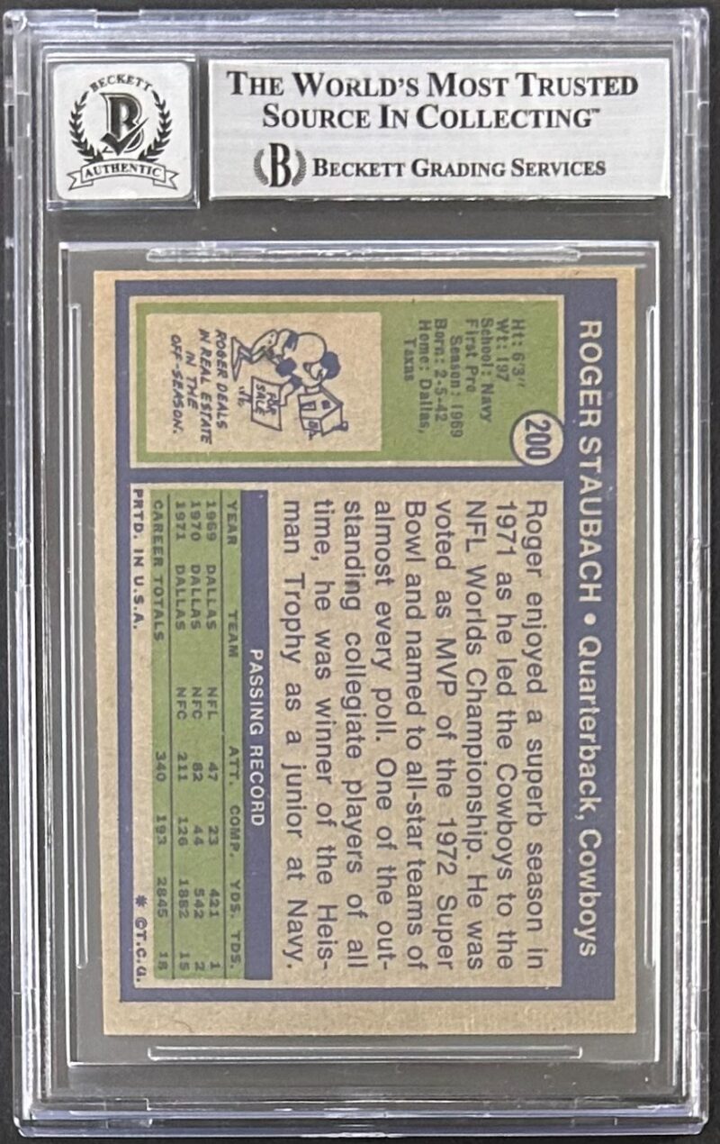 Roger Staubach Signed 1972 Topps RC Card #200 Beckett 16873028 Auto 10 HOF 85 - Image 2
