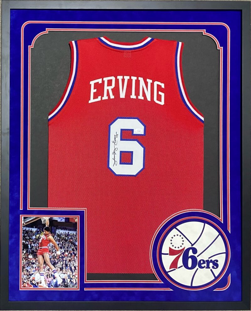 Julius "Dr. J." Erving Signed Autographed Framed Red Jersey JSA Suede Cut Logo