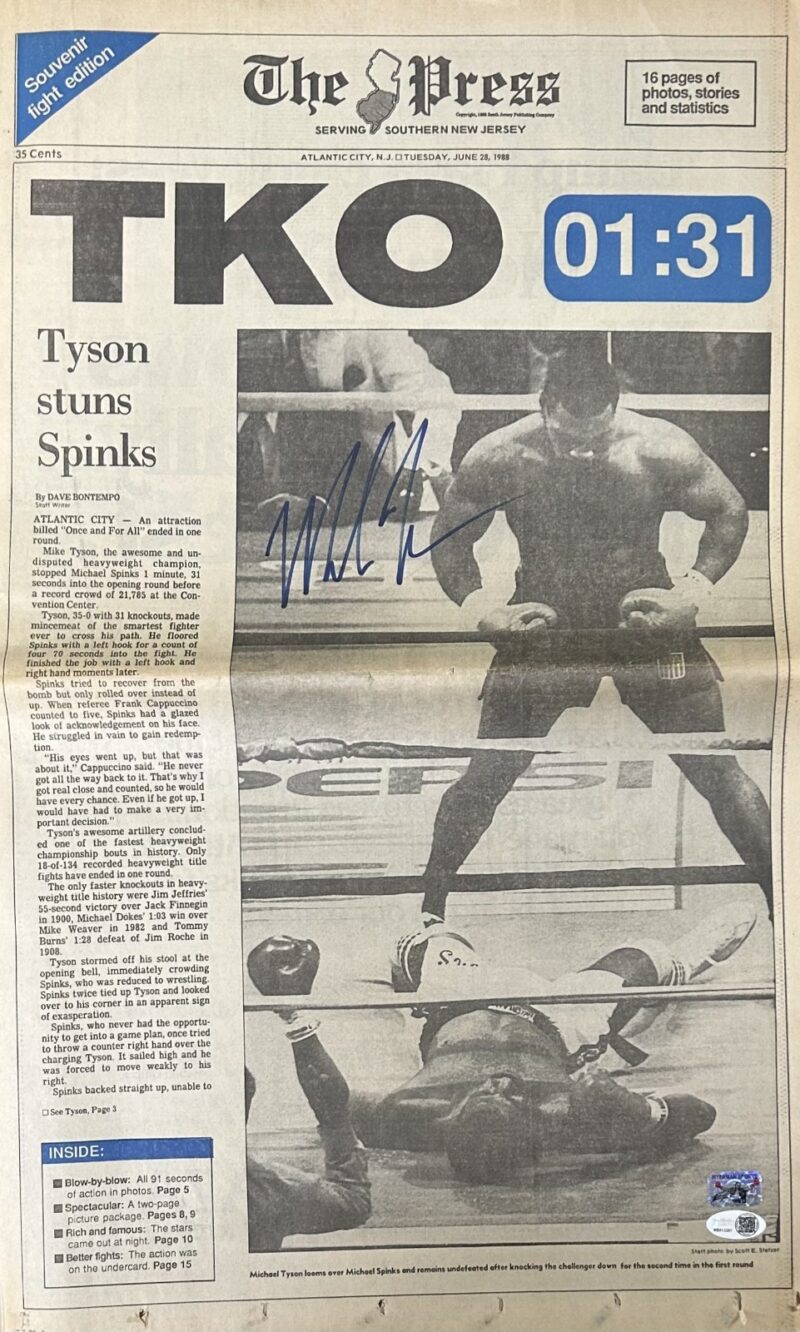 Mike Tyson Signed 6/28/1988 The Press New Jersey Newspaper JSA Spinks KO