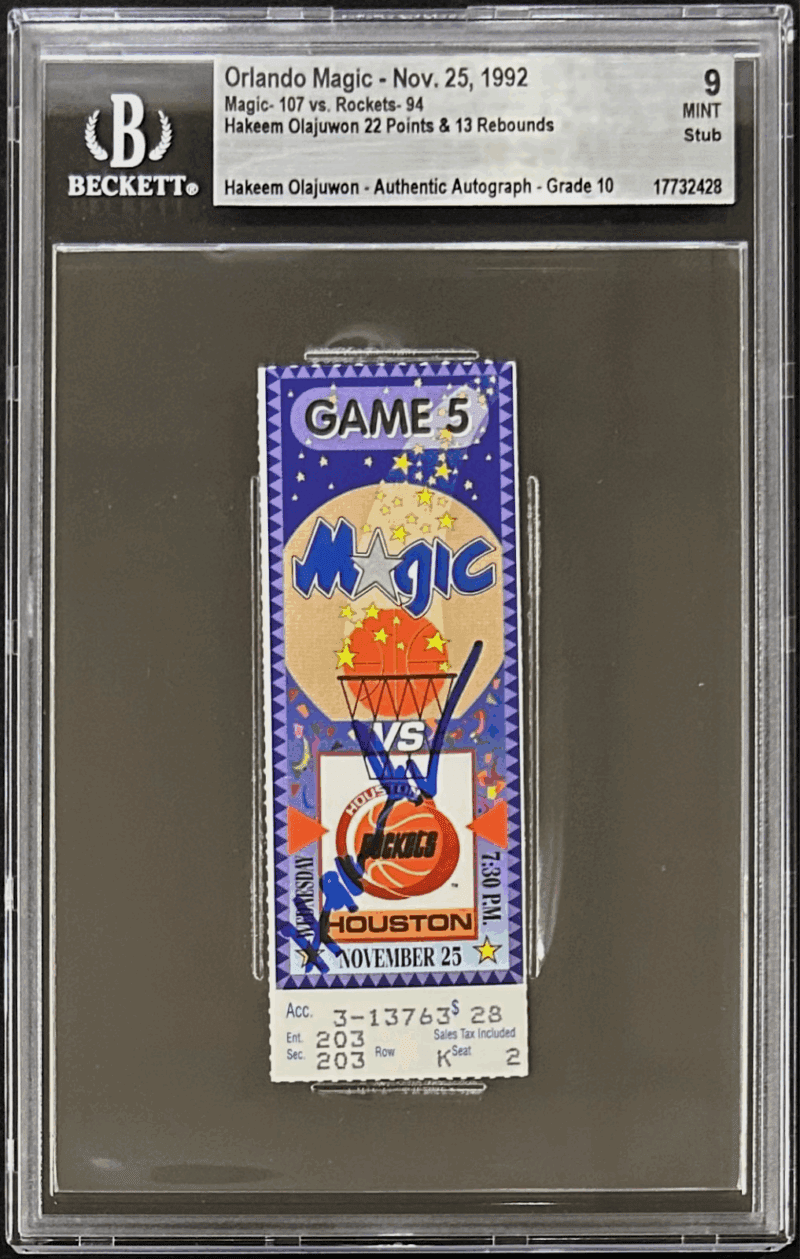 Hakeem Olajuwon Signed Rockets vs Magic Nov 25, 1992 Ticket Stub Beckett Auto 10