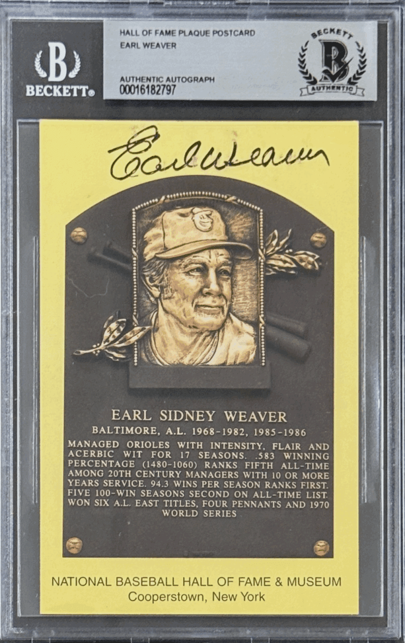 Earl Weaver Signed Autographed Hall of Fame Plaque Postcard Beckett 16182797