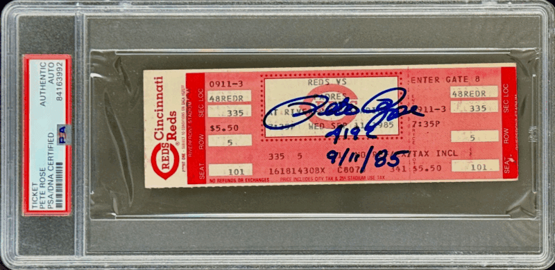 Pete Rose Signed 9/11/85 Full Ticket Becomes The All Time Hit King PSA 84163992